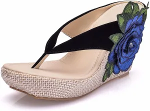 UGOSELEC Women Y2K Flower Platform Wedge Flip Flops,Bohemian Embroidered Flower Arch Support Heeled Flip Flops Beach Sandals Wedge Sandals