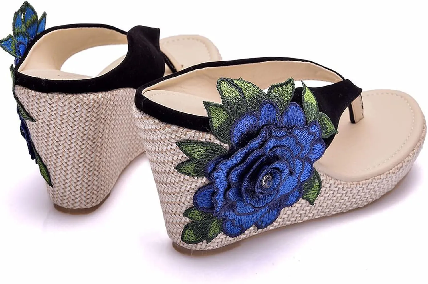 UGOSELEC Women Y2K Flower Platform Wedge Flip Flops,Bohemian Embroidered Flower Arch Support Heeled Flip Flops Beach Sandals Wedge Sandals