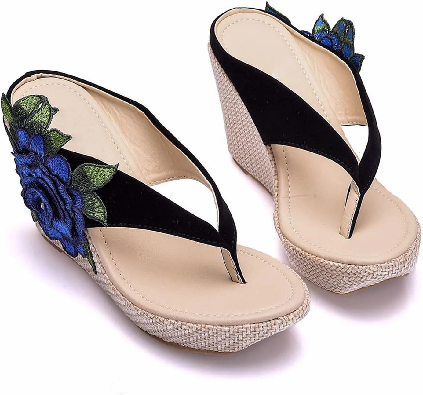 UGOSELEC Women Y2K Flower Platform Wedge Flip Flops,Bohemian Embroidered Flower Arch Support Heeled Flip Flops Beach Sandals Wedge Sandals