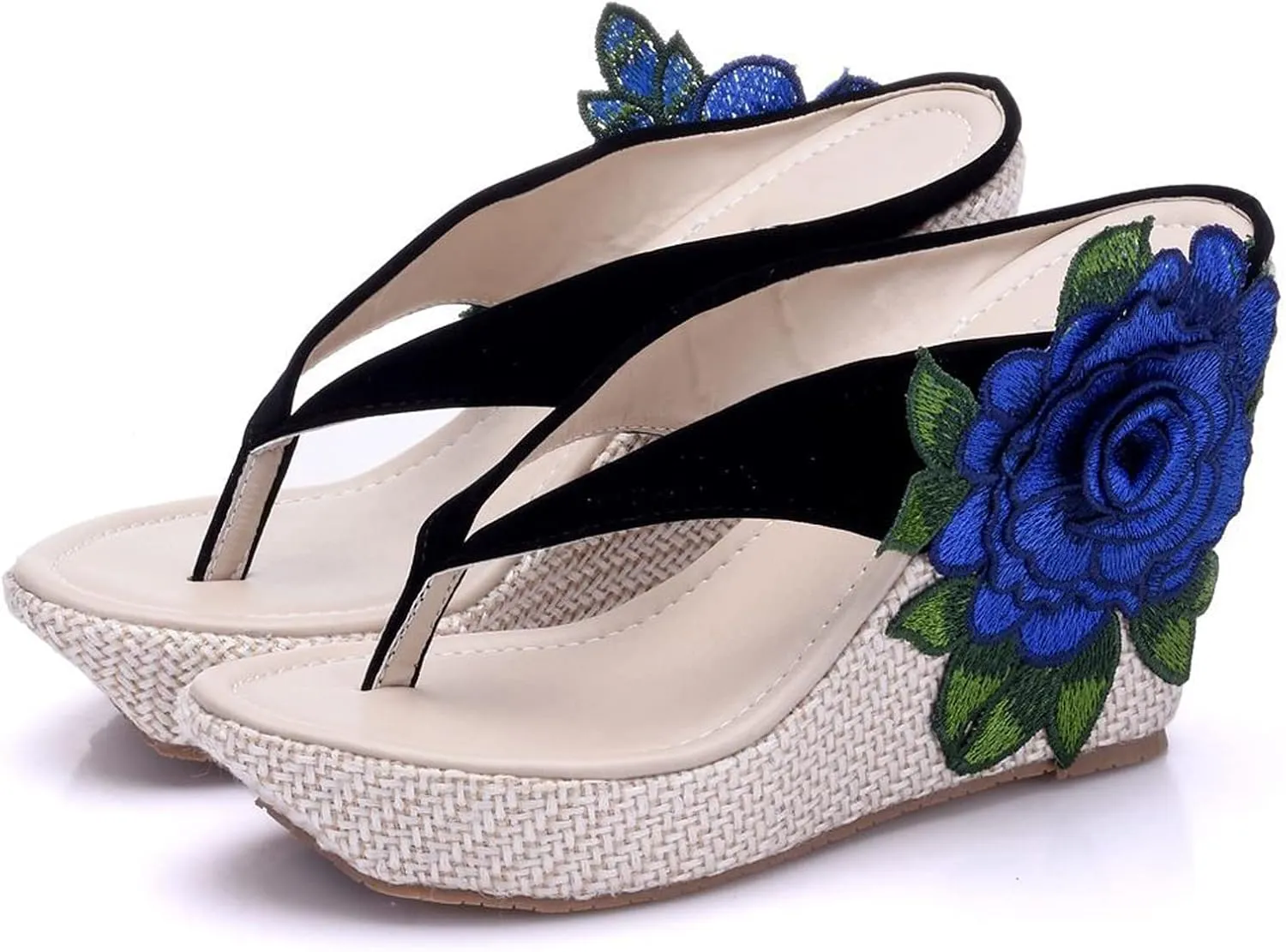 UGOSELEC Women Y2K Flower Platform Wedge Flip Flops,Bohemian Embroidered Flower Arch Support Heeled Flip Flops Beach Sandals Wedge Sandals