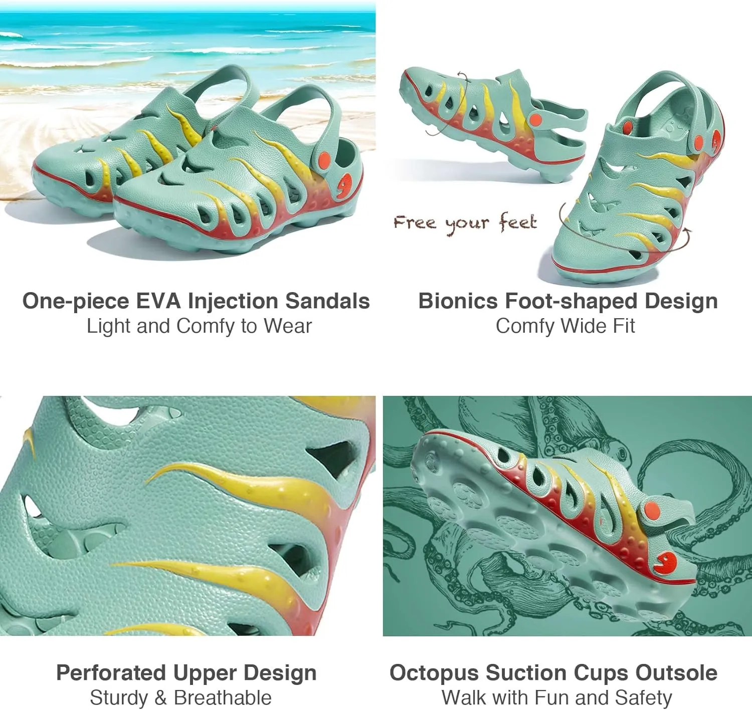 UIN Women's Clog Garden Shoes Slip On Beach Outdoor Slippers Sandals Octopus Ⅰ