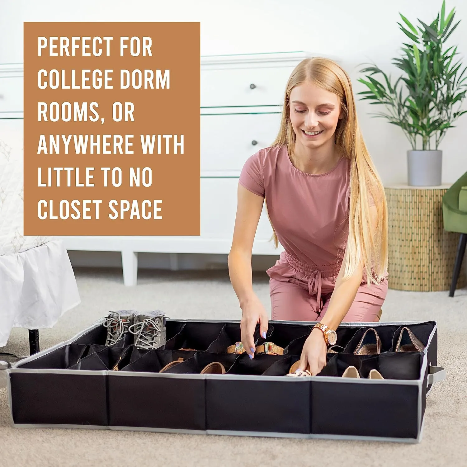 Under Bed Shoe Storage Organizer - Set of 2 – TEAR-RESISTANT Heavy Duty 600D Material - Fits All Styles Mens and Women's Shoes, Up to 32 Pairs - Extra-Strong Zipper - Black-Perfect for College Dorms
