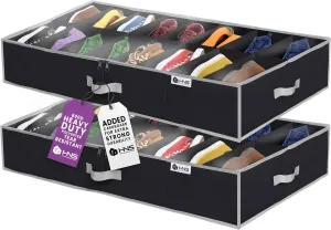Under Bed Shoe Storage Organizer - Set of 2 – TEAR-RESISTANT Heavy Duty 600D Material - Fits All Styles Mens and Women's Shoes, Up to 32 Pairs - Extra-Strong Zipper - Black-Perfect for College Dorms