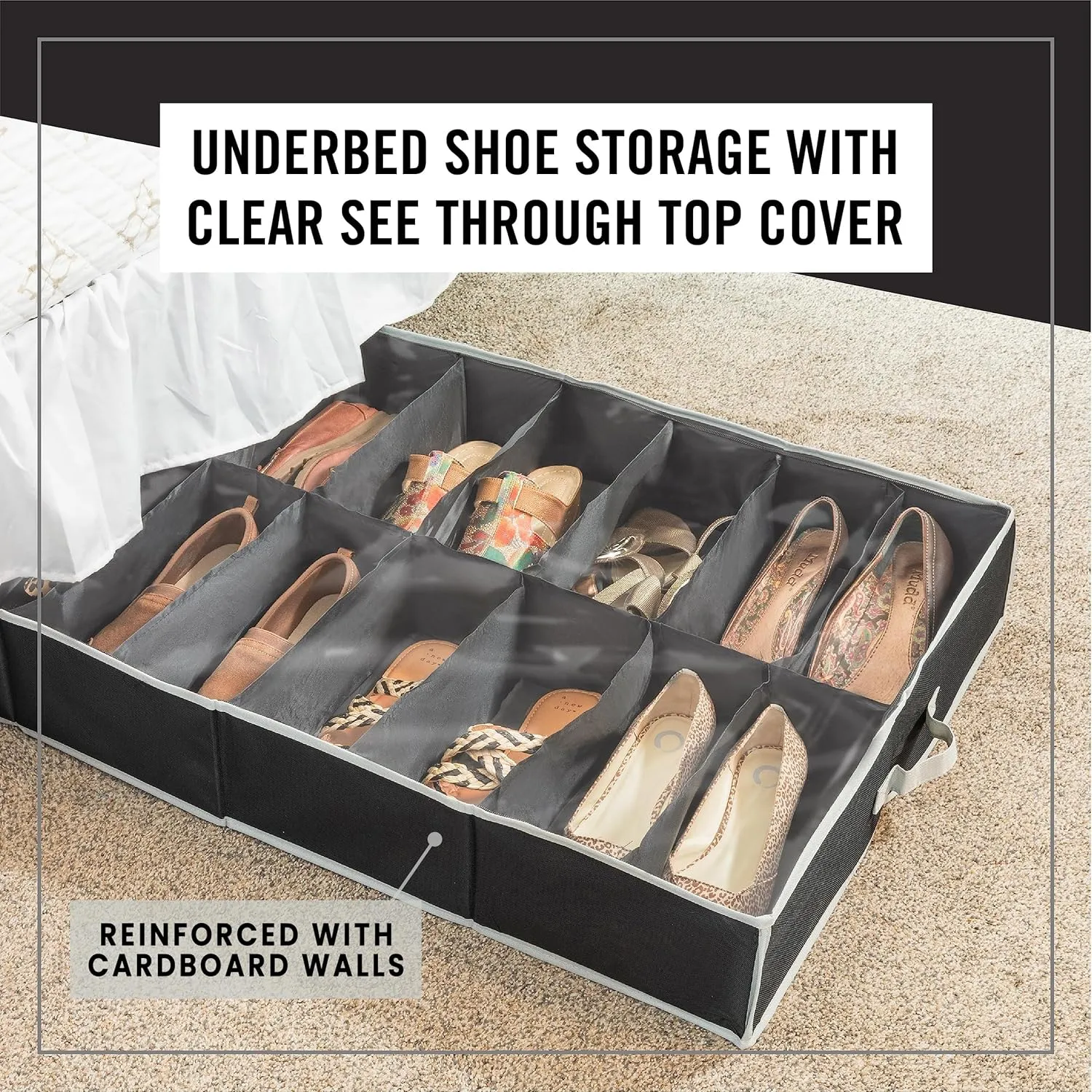 Under Bed Shoe Storage Organizer - Set of 2 – TEAR-RESISTANT Heavy Duty 600D Material - Fits All Styles Mens and Women's Shoes, Up to 32 Pairs - Extra-Strong Zipper - Black-Perfect for College Dorms