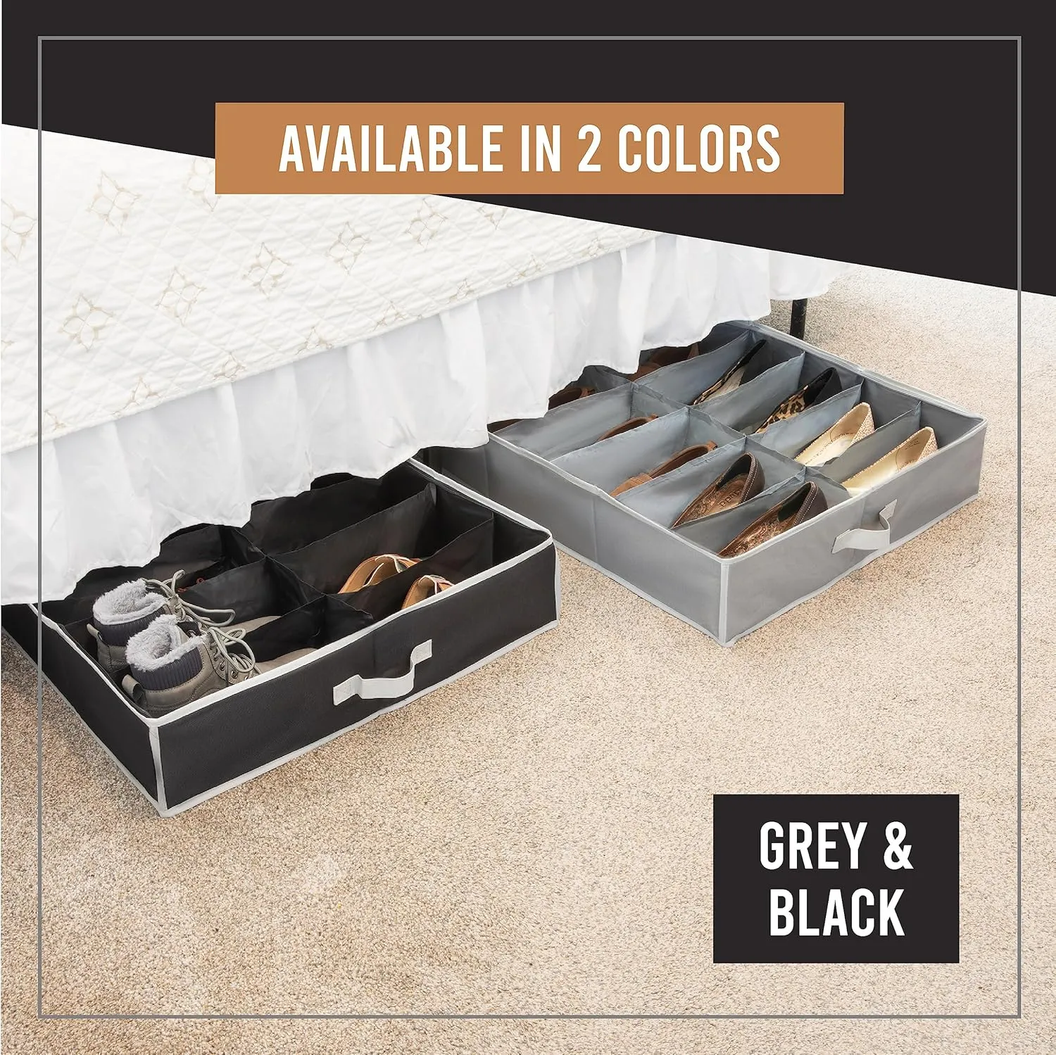 Under Bed Shoe Storage Organizer - Set of 2 – TEAR-RESISTANT Heavy Duty 600D Material - Fits All Styles Mens and Women's Shoes, Up to 32 Pairs - Extra-Strong Zipper - Black-Perfect for College Dorms
