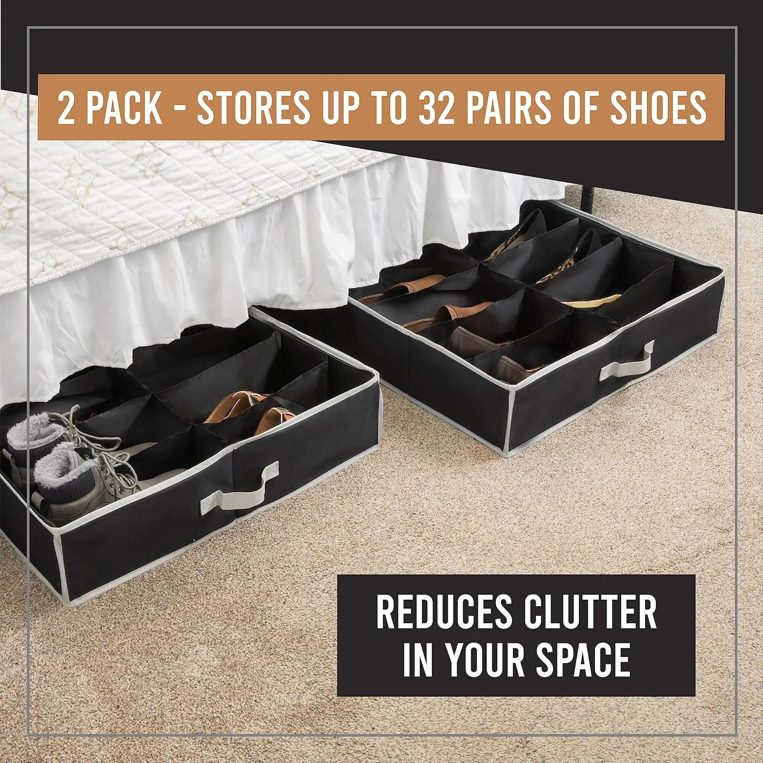 Under Bed Shoe Storage Organizer - Set of 2 – TEAR-RESISTANT Heavy Duty 600D Material - Fits All Styles Mens and Women's Shoes, Up to 32 Pairs - Extra-Strong Zipper - Black-Perfect for College Dorms