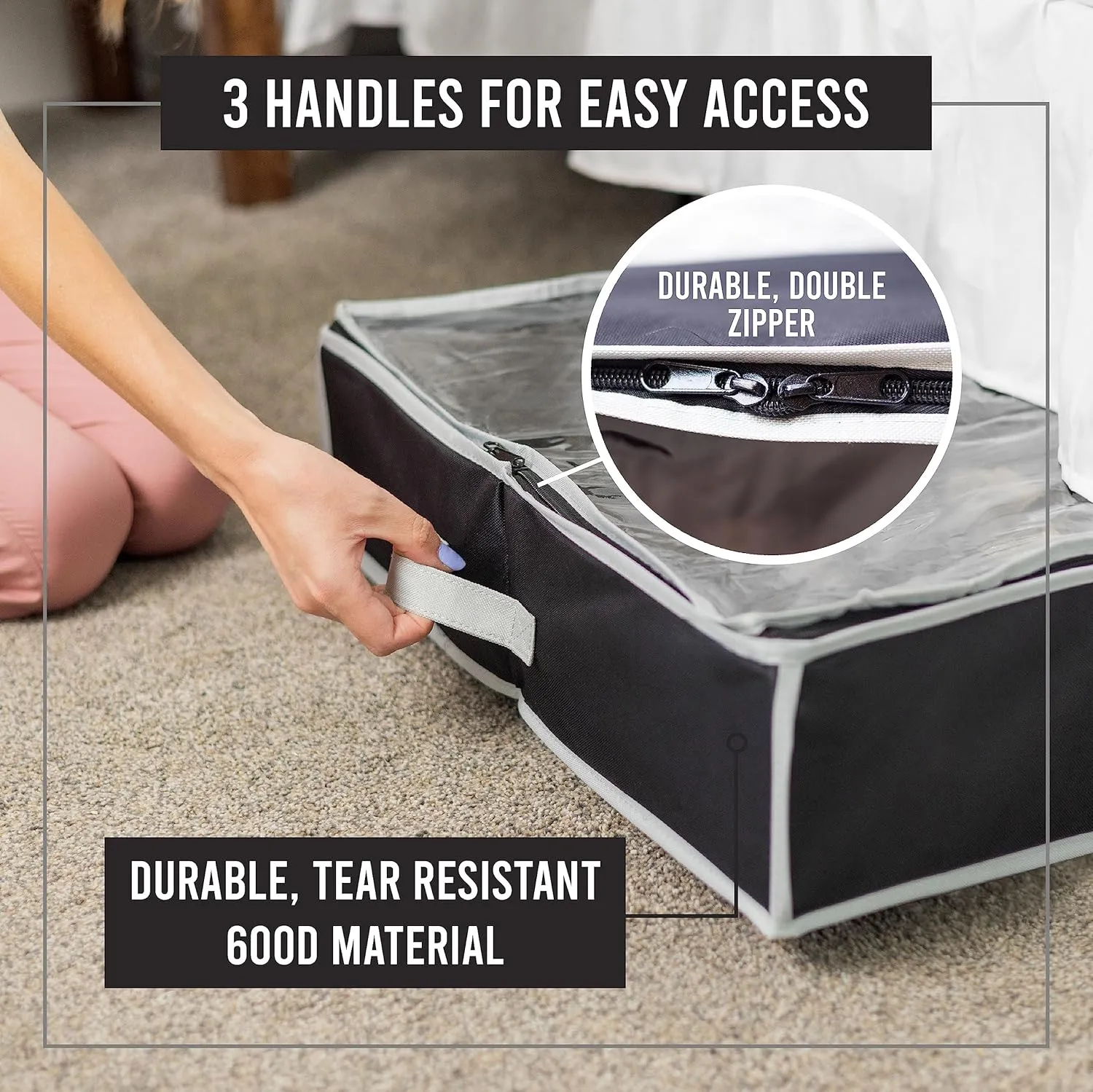 Under Bed Shoe Storage Organizer - Set of 2 – TEAR-RESISTANT Heavy Duty 600D Material - Fits All Styles Mens and Women's Shoes, Up to 32 Pairs - Extra-Strong Zipper - Black-Perfect for College Dorms