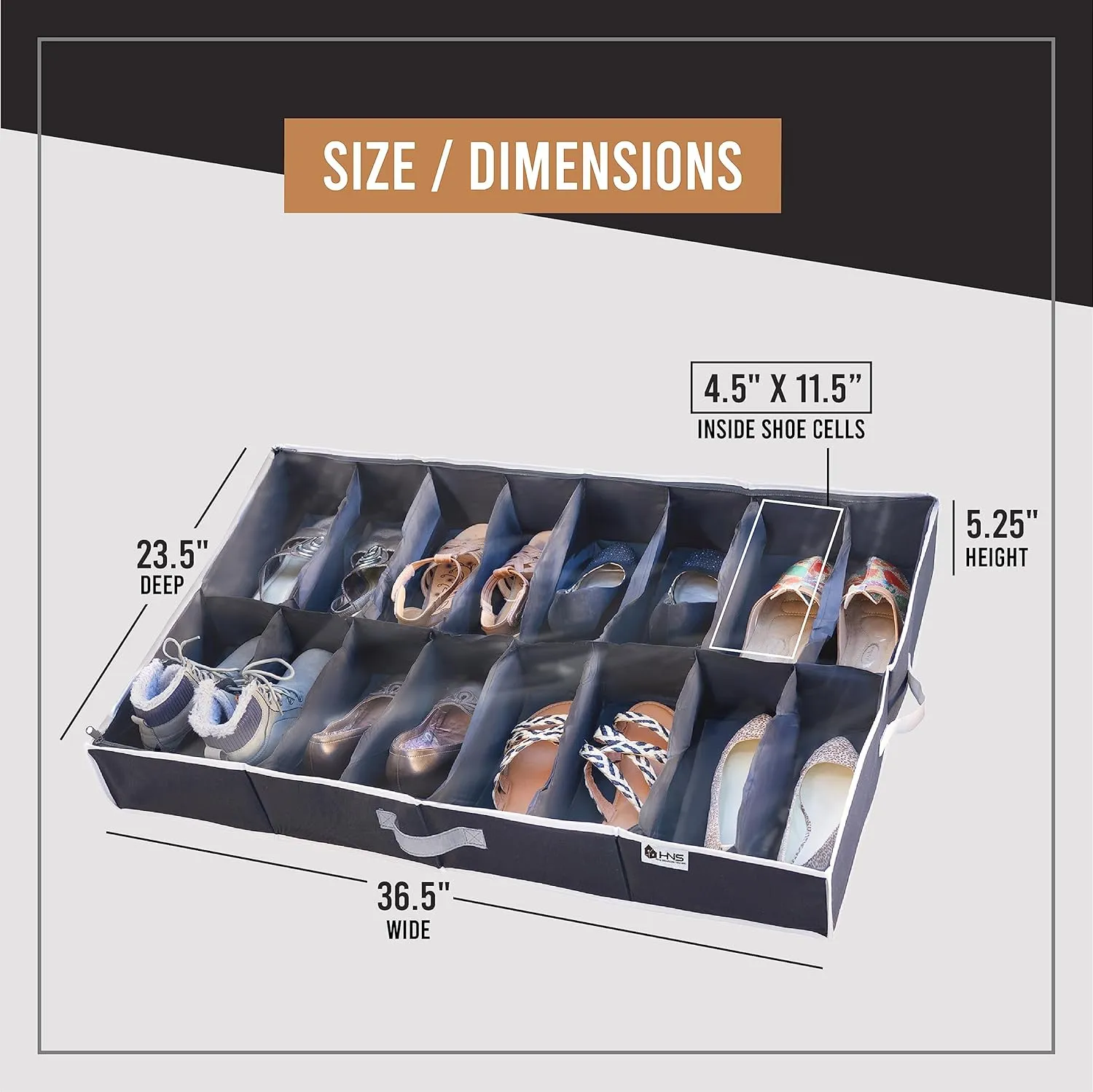 Under Bed Shoe Storage Organizer - Set of 2 – TEAR-RESISTANT Heavy Duty 600D Material - Fits All Styles Mens and Women's Shoes, Up to 32 Pairs - Extra-Strong Zipper - Black-Perfect for College Dorms