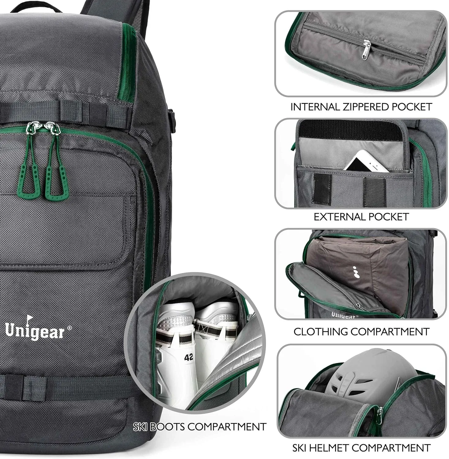 Unigear Ski Boot Bag Backpack for Helmet 50L/70L, Goggles, Gloves, Skis, Snowboard & Accessories (Gray)
