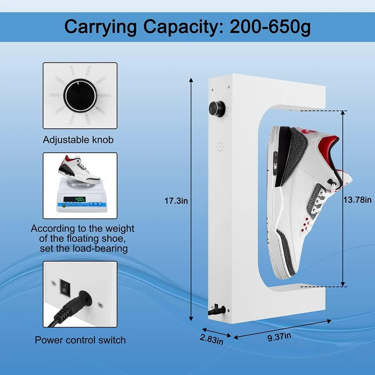 UVEHAS Levitating Shoe Display Magnetic Levitation Sneaker Stand with LED Light, Rotating Floating Holder Rack for Shoes Collectors Advertising Exhibition Shoe Store Show Home Decoration, White