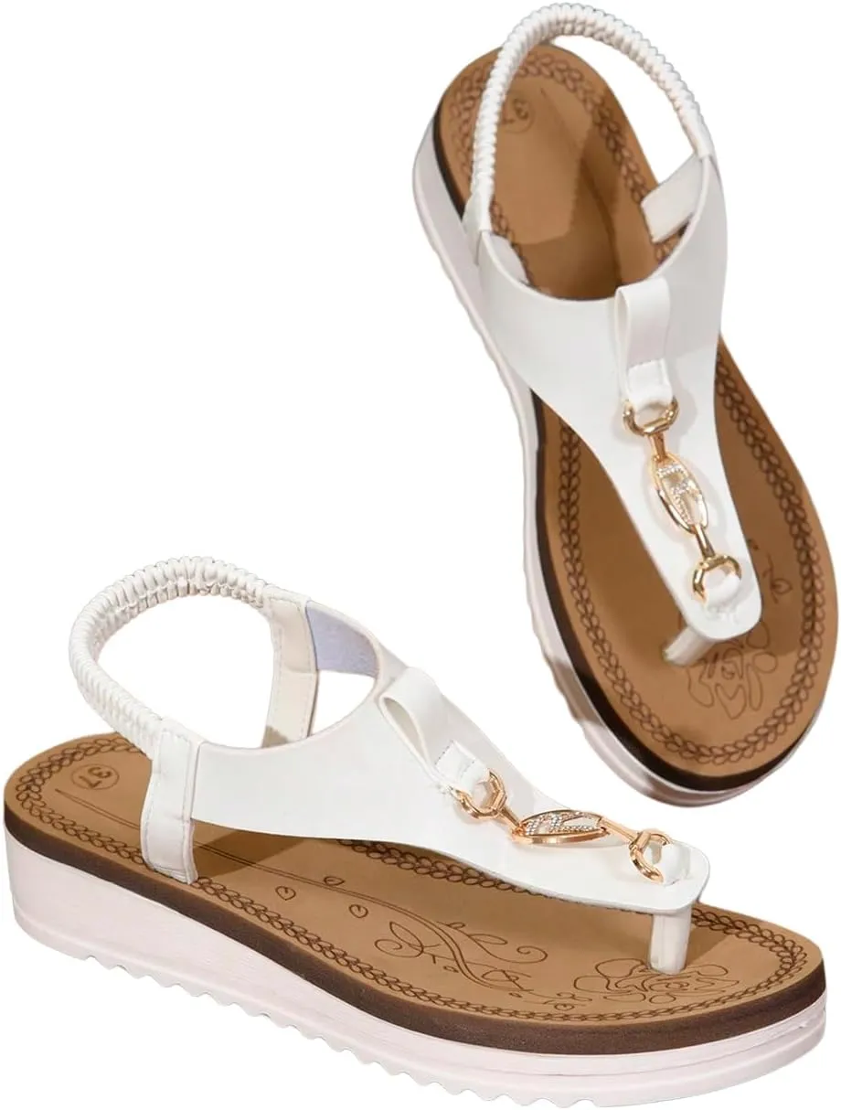 Verdusa Women's Chain T Strap Wedge Sandal Elastic Ankle Strap Leather Thong Sandals