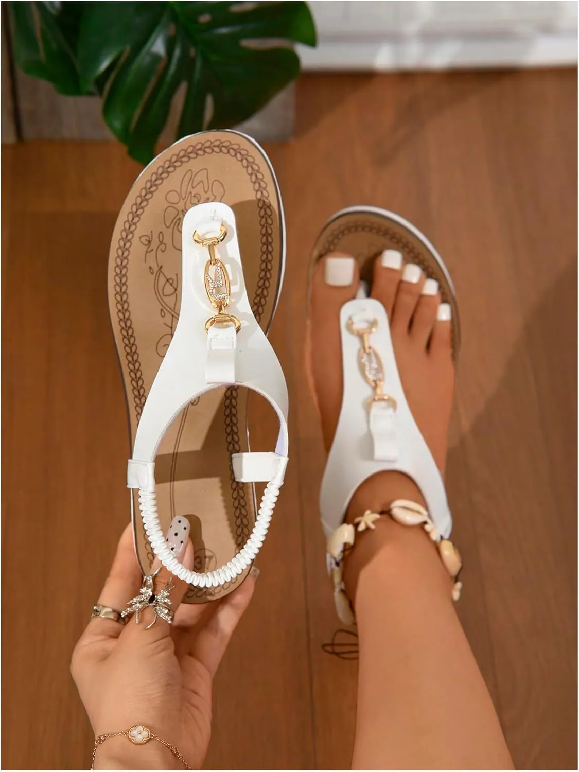 Verdusa Women's Chain T Strap Wedge Sandal Elastic Ankle Strap Leather Thong Sandals
