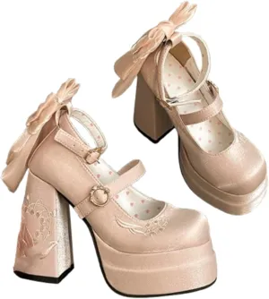 VERISSON Women's Close Toe Double Platform Block Mary Jane Pumps Ribbon Bowknot Buckle up Wedding Dress Shoes