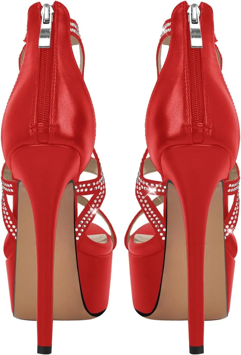 VERISSON Women's Zip up Rhinestone Stiletto High Heels Open Toe Cutout Platform Sandals for Prom Dressing Party
