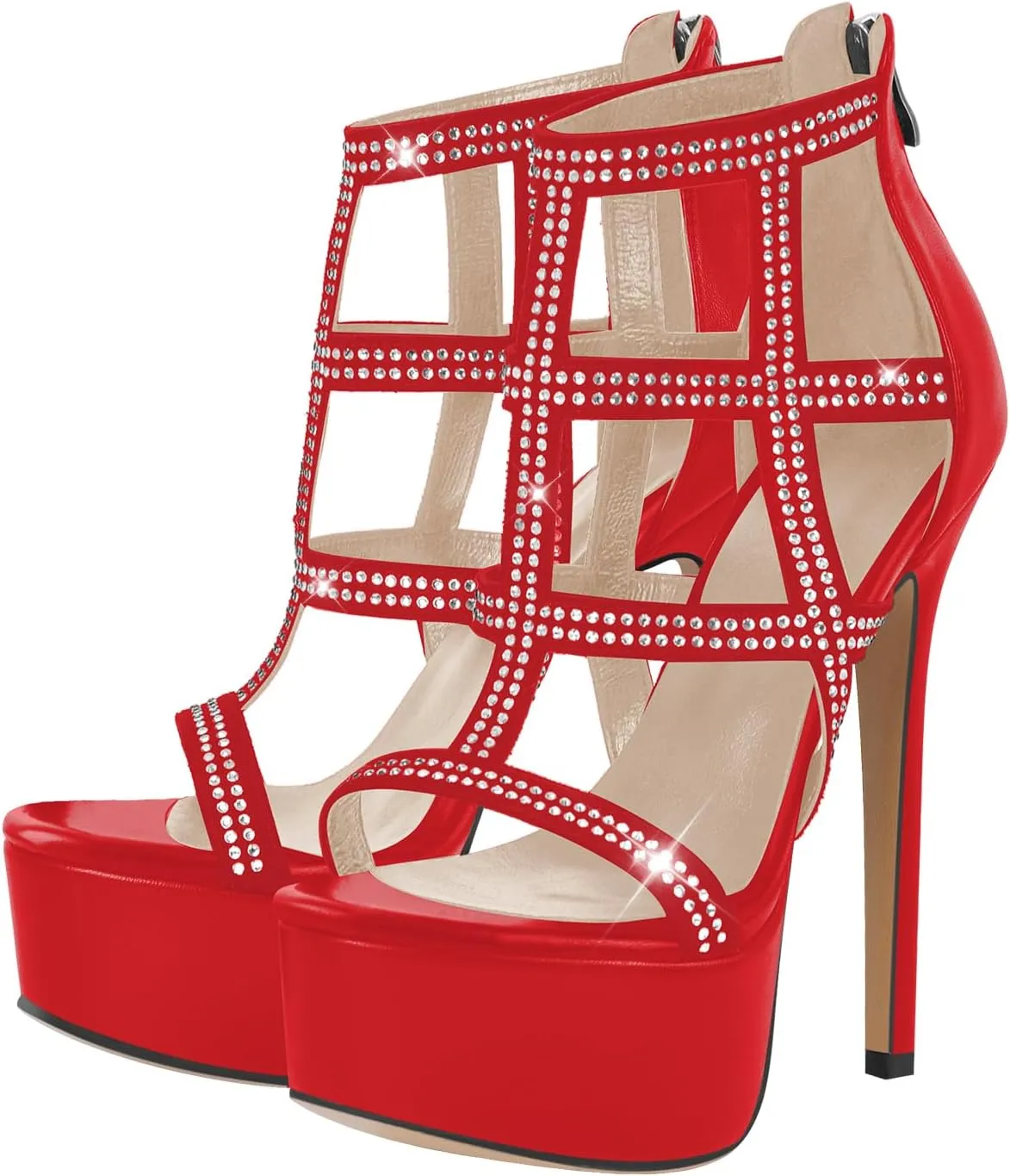 VERISSON Women's Zip up Rhinestone Stiletto High Heels Open Toe Cutout Platform Sandals for Prom Dressing Party