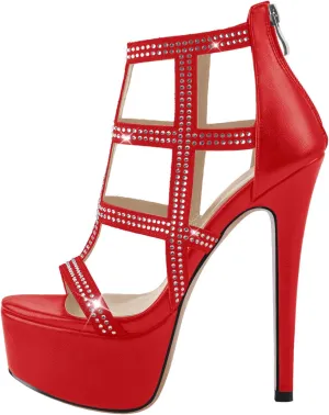 VERISSON Women's Zip up Rhinestone Stiletto High Heels Open Toe Cutout Platform Sandals for Prom Dressing Party