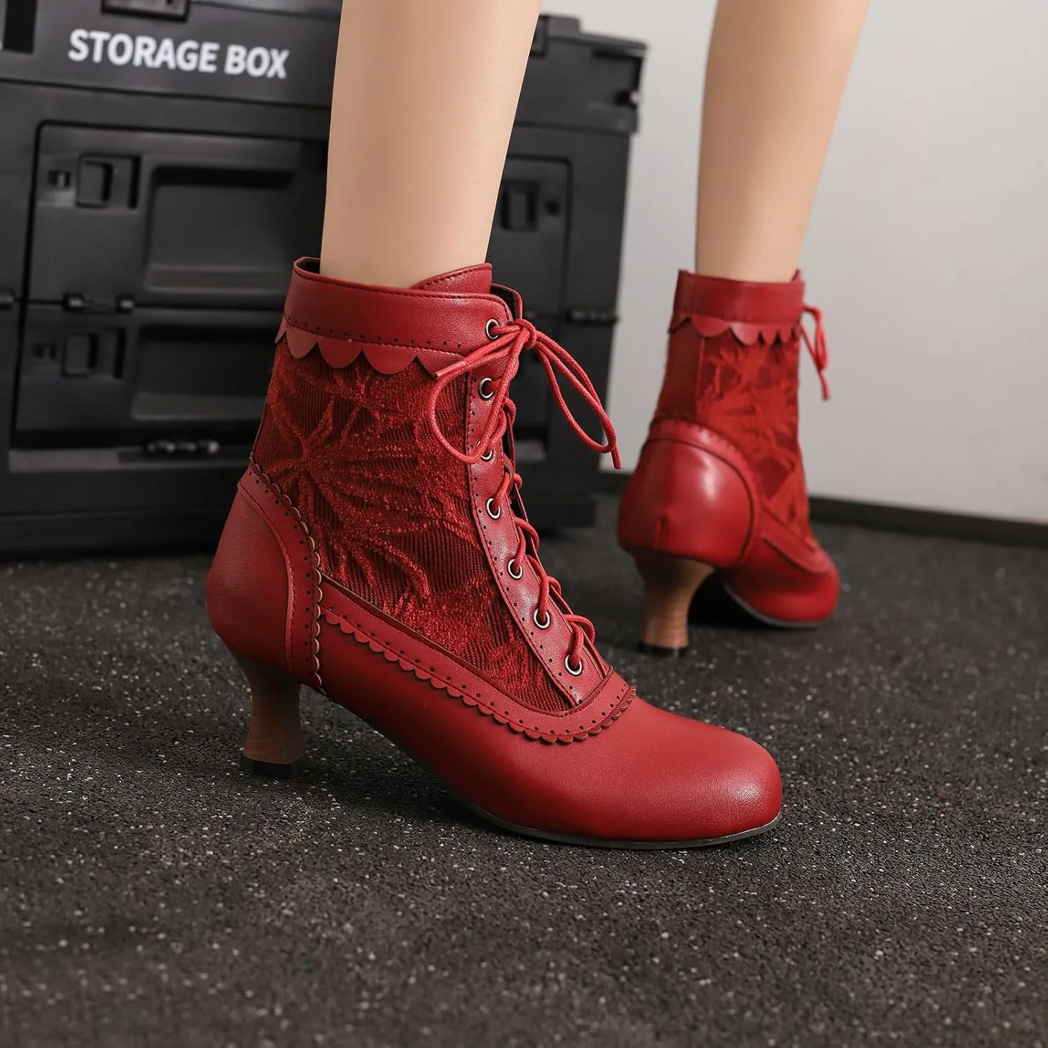 Vintage Victorian Boots for Women Kitten Heel Lace Ruffles Granny Boots Lace Up Ankle-High Booties
