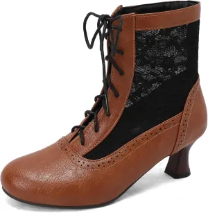 Vintage Victorian Boots for Women Kitten Heel Lace Ruffles Granny Boots Lace Up Ankle-High Booties