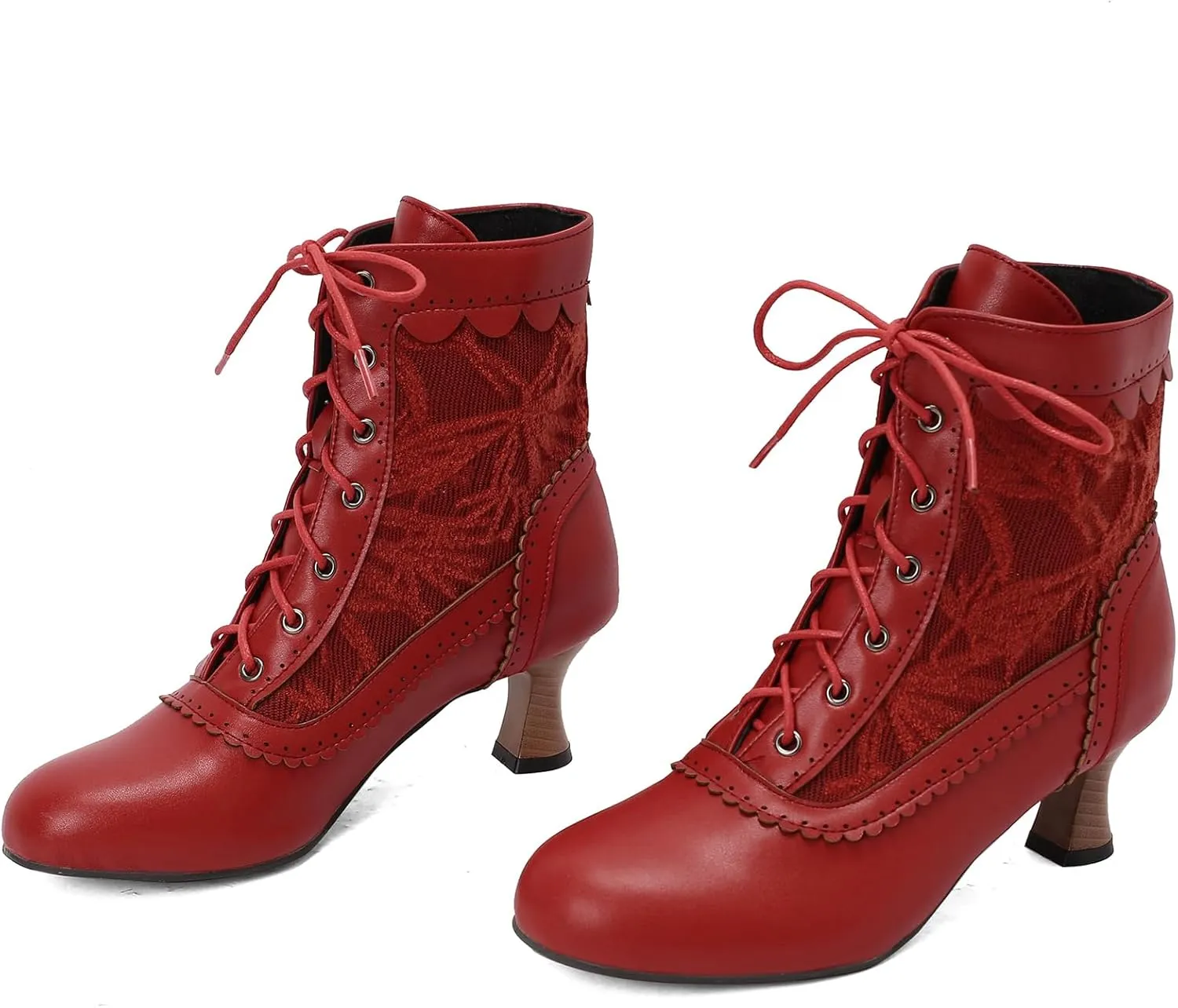 Vintage Victorian Boots for Women Kitten Heel Lace Ruffles Granny Boots Lace Up Ankle-High Booties