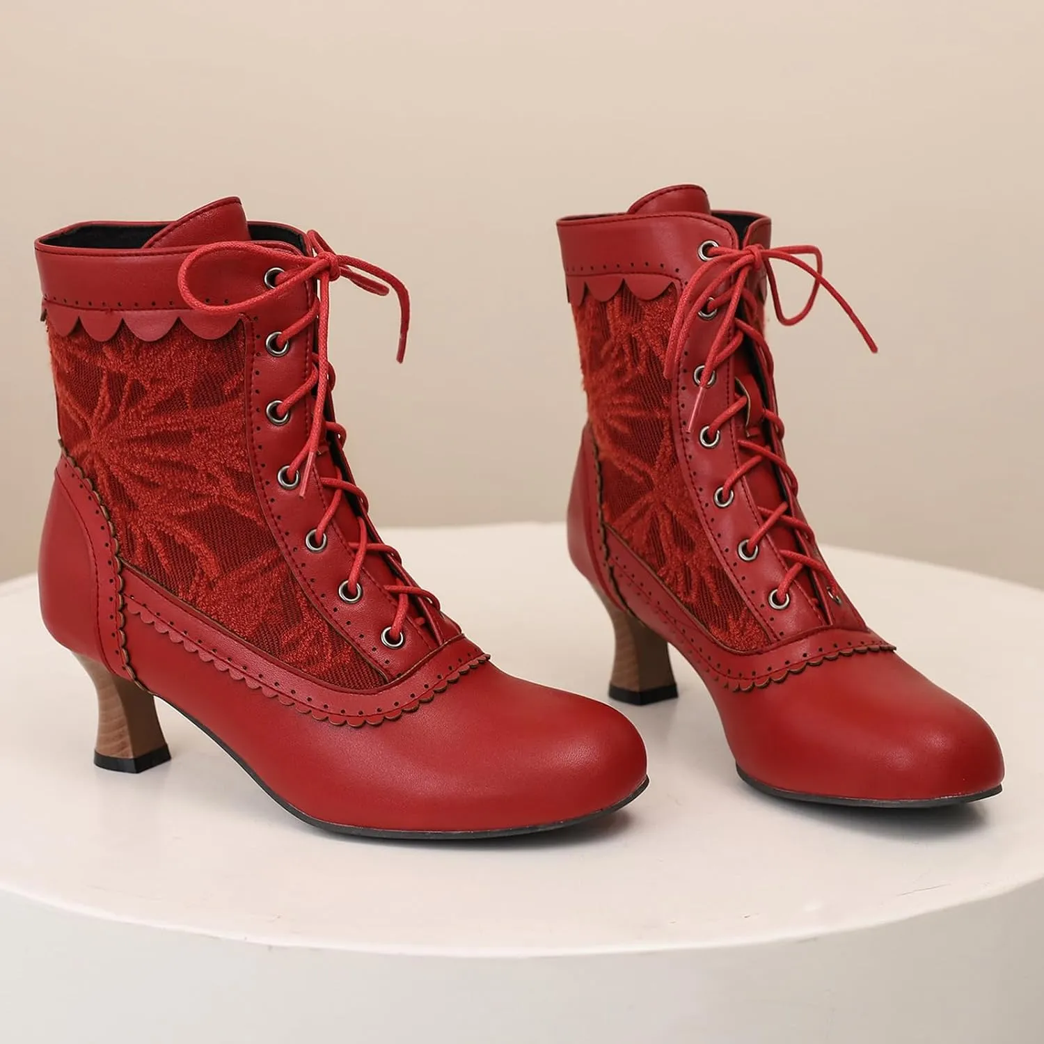 Vintage Victorian Boots for Women Kitten Heel Lace Ruffles Granny Boots Lace Up Ankle-High Booties