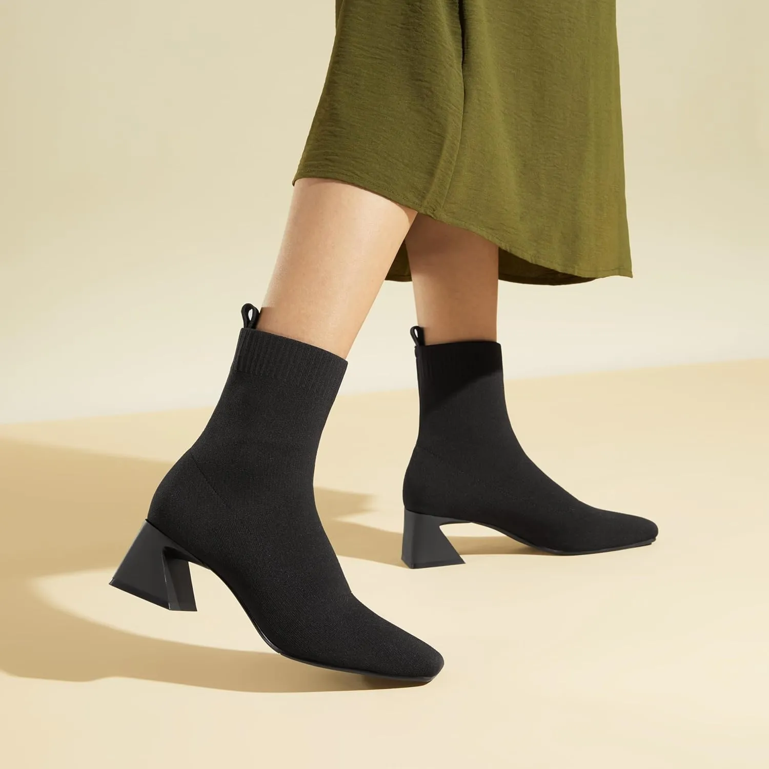 VIVAIA Regina Pro Women's High Heels Ankle Boots Slip on Square Toe Ankle Booties 2.2'' Mid-High Chunky Heel Booties Lady Dress Short Winter Fall Boots