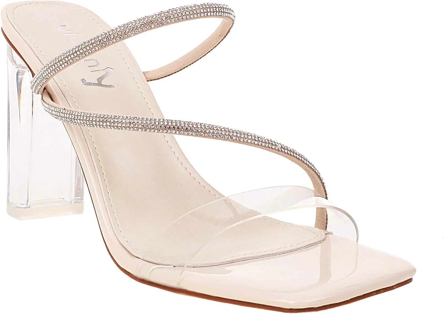 vivianly Womens Square Toe Clear Rhinestone Strappy Heeled Sandals Transparent Block High Heels Slides Slipper Wedding Dress