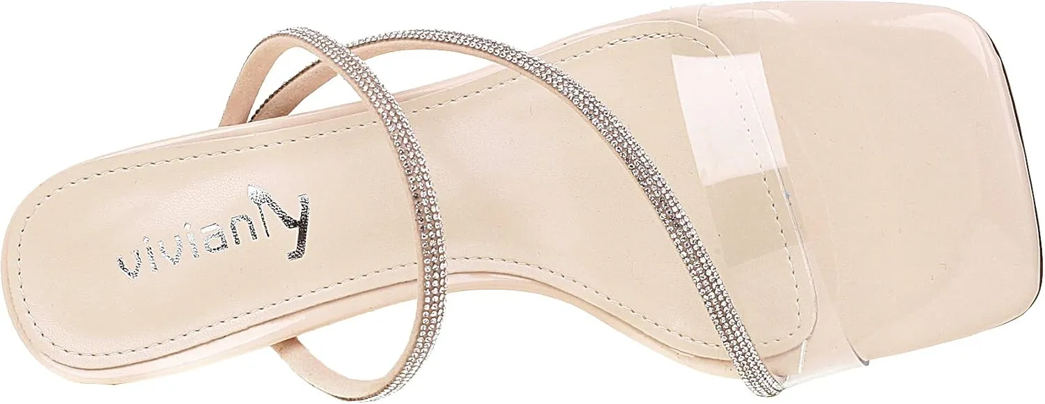 vivianly Womens Square Toe Clear Rhinestone Strappy Heeled Sandals Transparent Block High Heels Slides Slipper Wedding Dress