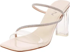 vivianly Womens Square Toe Clear Rhinestone Strappy Heeled Sandals Transparent Block High Heels Slides Slipper Wedding Dress