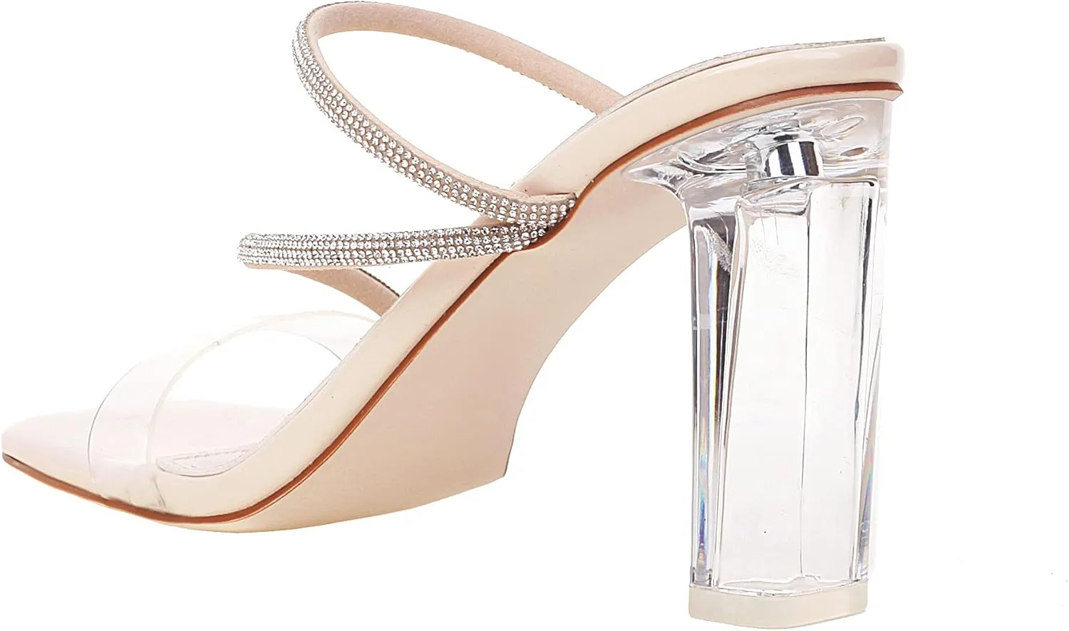 vivianly Womens Square Toe Clear Rhinestone Strappy Heeled Sandals Transparent Block High Heels Slides Slipper Wedding Dress