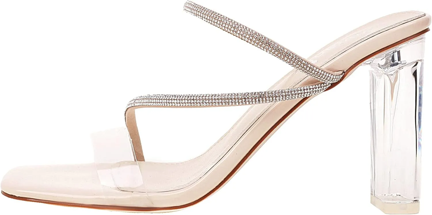 vivianly Womens Square Toe Clear Rhinestone Strappy Heeled Sandals Transparent Block High Heels Slides Slipper Wedding Dress