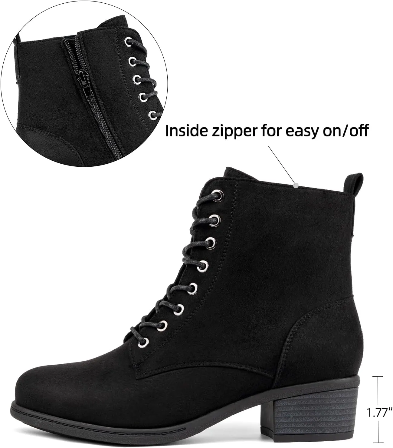 VJH confort Women's Fashion Ankle Boots Low Heels Chunky Lace-up Combat Bootie with Side Zipper