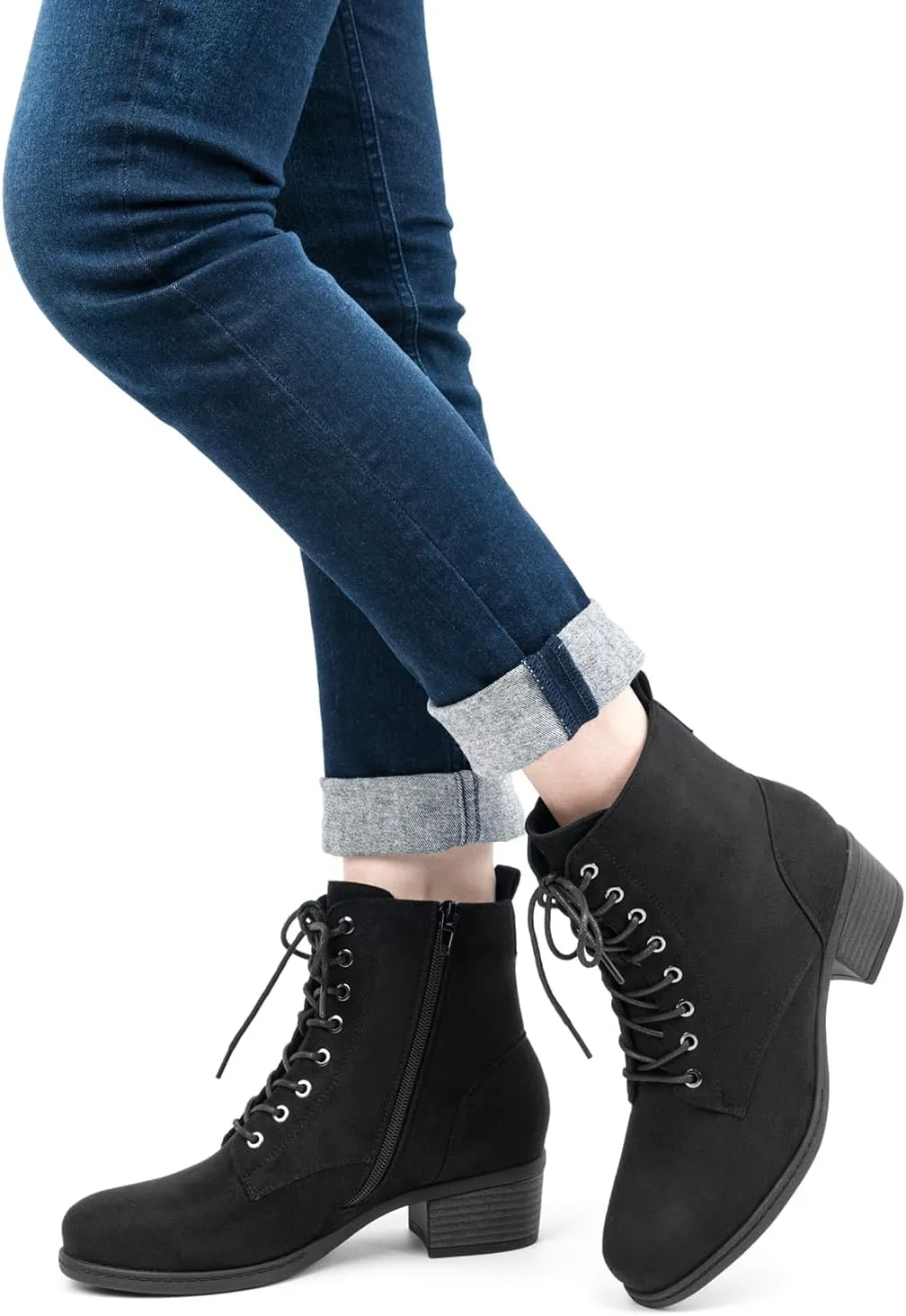 VJH confort Women's Fashion Ankle Boots Low Heels Chunky Lace-up Combat Bootie with Side Zipper