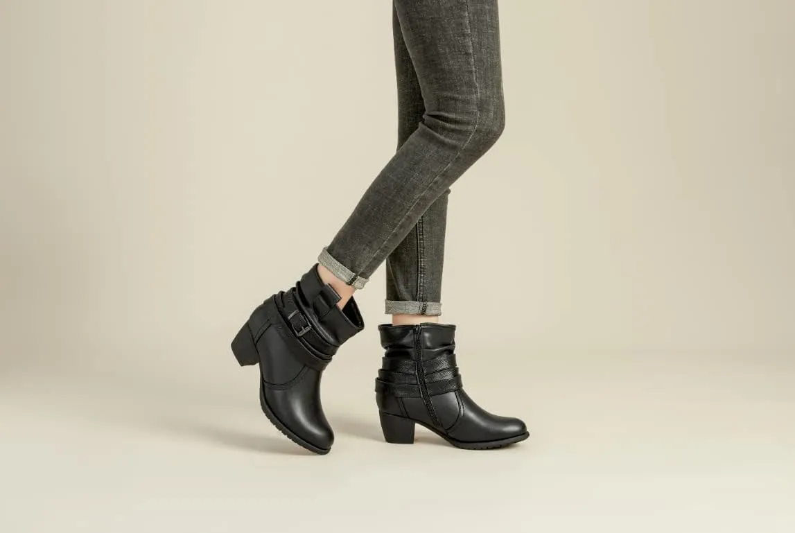 VJH confort Women's Mid Calf Boots,Round Toe Comfort Low Heel Slouchy Dress Booties with Buckle Strap Side Zipper