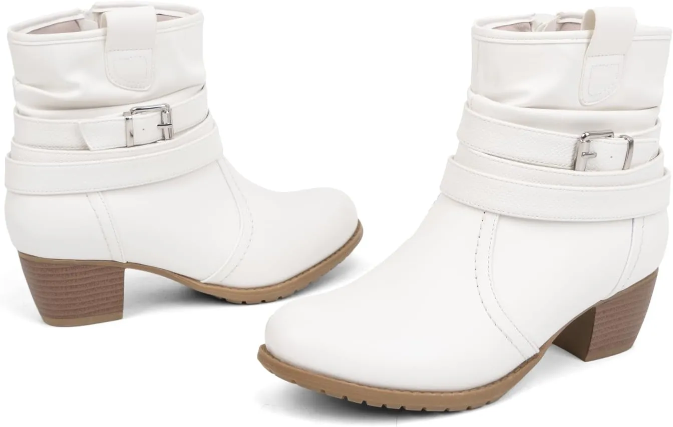 VJH confort Women's Mid Calf Boots,Round Toe Comfort Low Heel Slouchy Dress Booties with Buckle Strap Side Zipper