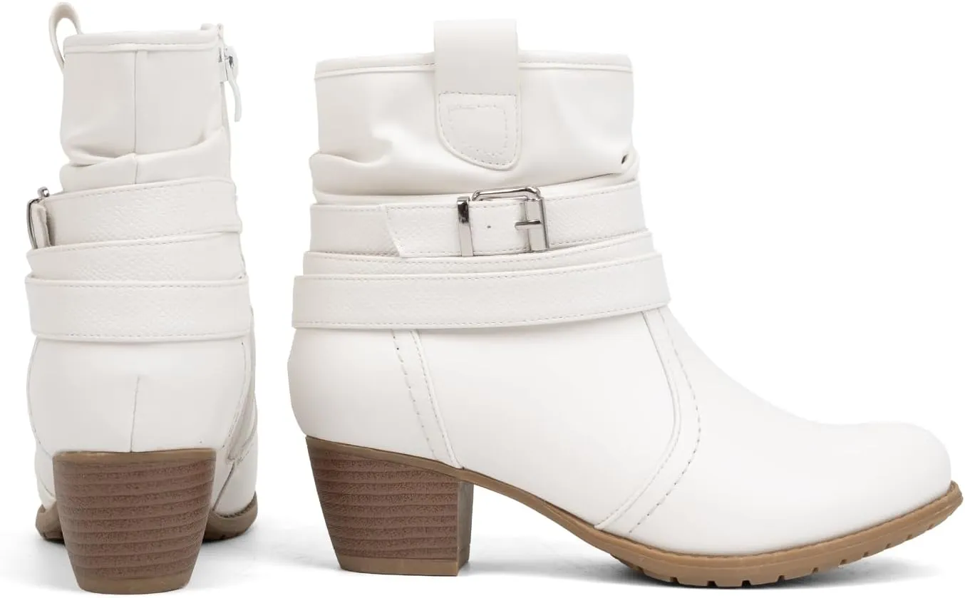 VJH confort Women's Mid Calf Boots,Round Toe Comfort Low Heel Slouchy Dress Booties with Buckle Strap Side Zipper