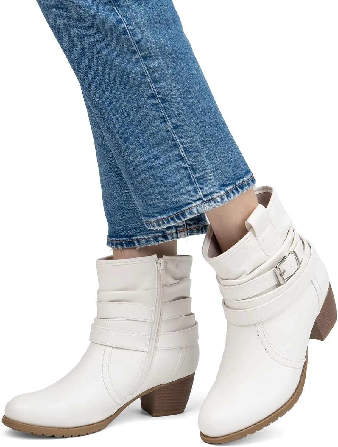 VJH confort Women's Mid Calf Boots,Round Toe Comfort Low Heel Slouchy Dress Booties with Buckle Strap Side Zipper