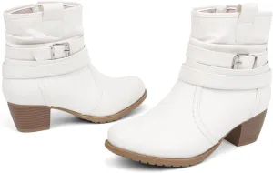 VJH confort Women's Mid Calf Boots,Round Toe Comfort Low Heel Slouchy Dress Booties with Buckle Strap Side Zipper