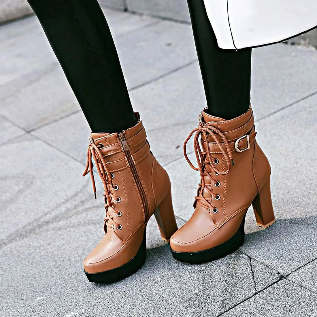 VOKLIN Women's Lace Up Platform High Heels Dress Ankle Boots Round Toe Buckle Zipper Dressy Short Booties
