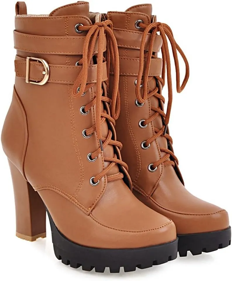 VOKLIN Women's Lace Up Platform High Heels Dress Ankle Boots Round Toe Buckle Zipper Dressy Short Booties
