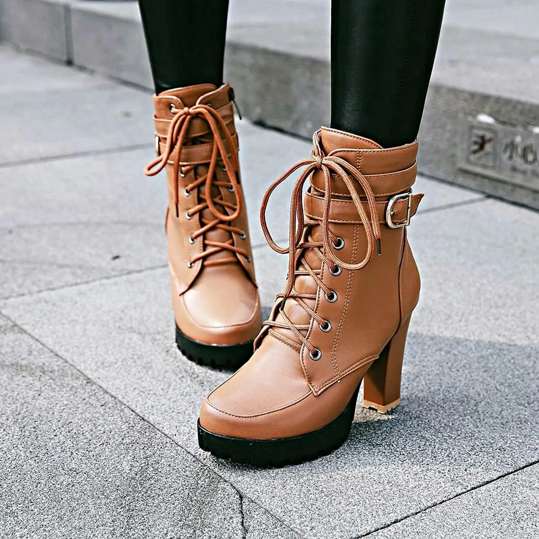 VOKLIN Women's Lace Up Platform High Heels Dress Ankle Boots Round Toe Buckle Zipper Dressy Short Booties