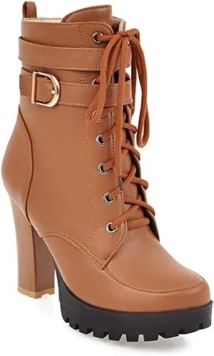 VOKLIN Women's Lace Up Platform High Heels Dress Ankle Boots Round Toe Buckle Zipper Dressy Short Booties