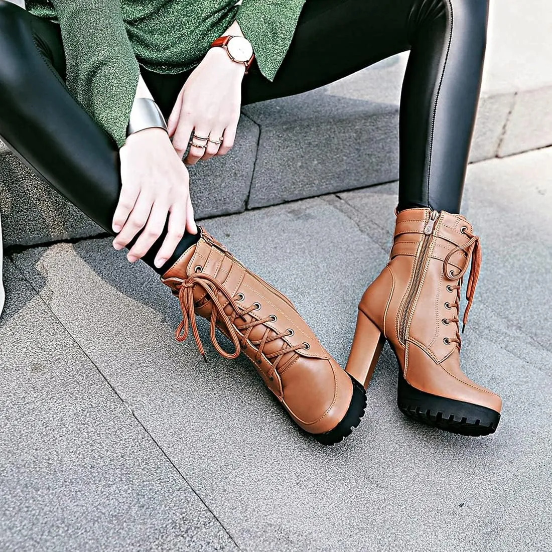 VOKLIN Women's Lace Up Platform High Heels Dress Ankle Boots Round Toe Buckle Zipper Dressy Short Booties