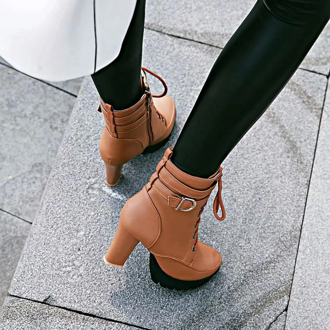VOKLIN Women's Lace Up Platform High Heels Dress Ankle Boots Round Toe Buckle Zipper Dressy Short Booties