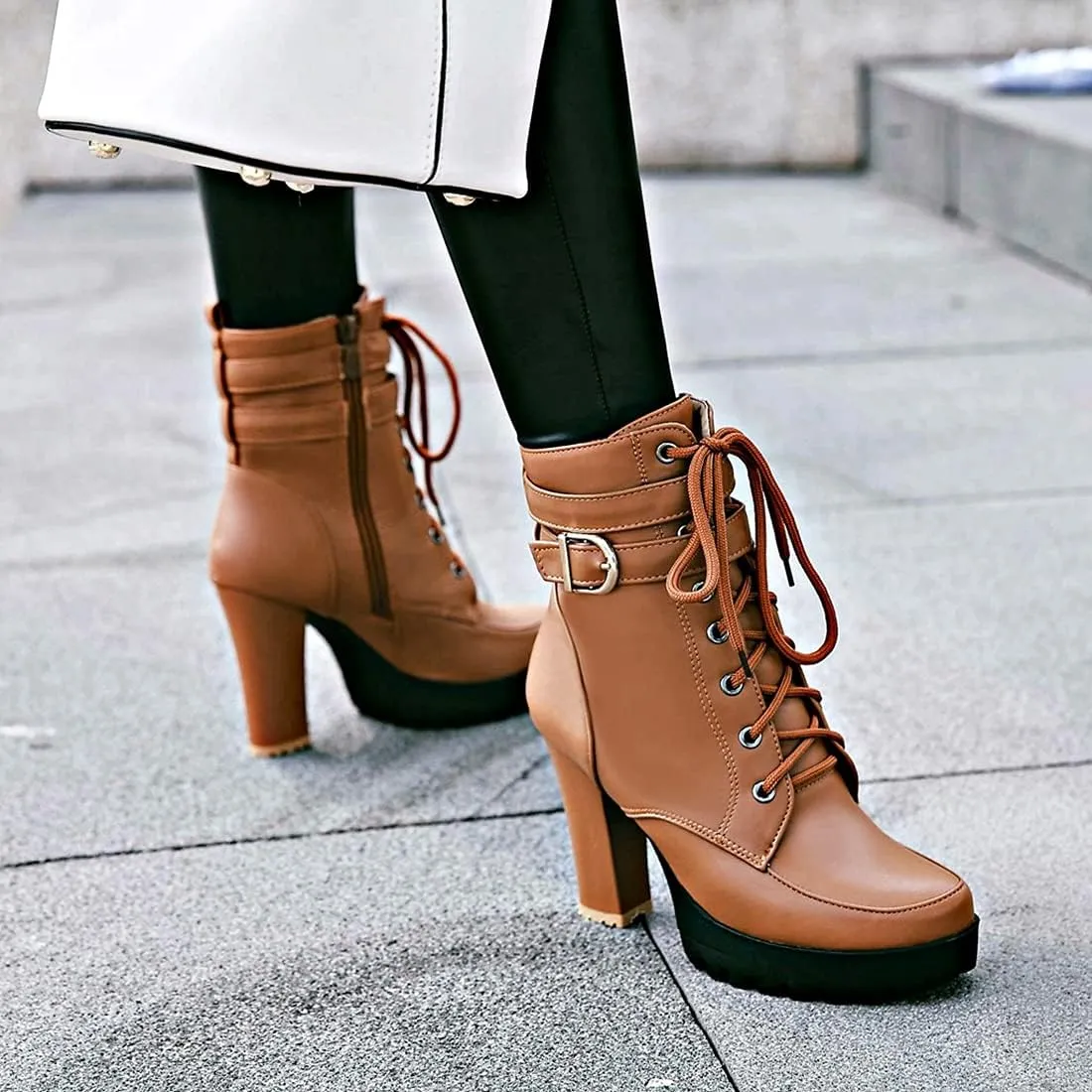 VOKLIN Women's Lace Up Platform High Heels Dress Ankle Boots Round Toe Buckle Zipper Dressy Short Booties