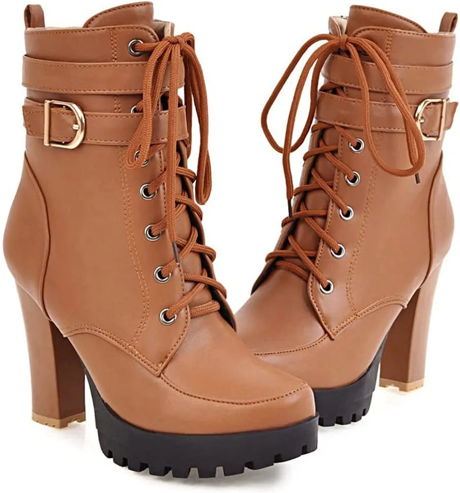 VOKLIN Women's Lace Up Platform High Heels Dress Ankle Boots Round Toe Buckle Zipper Dressy Short Booties