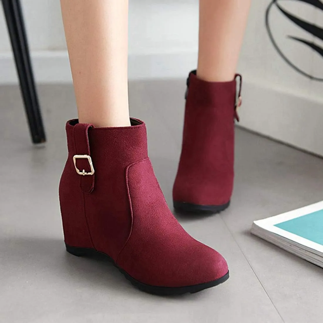 VOKLIN Women's Winter Wedge Dressy Ankle Boots Suede Round Toe Zipper Comfy Chunky Hidden Heel Short Booties