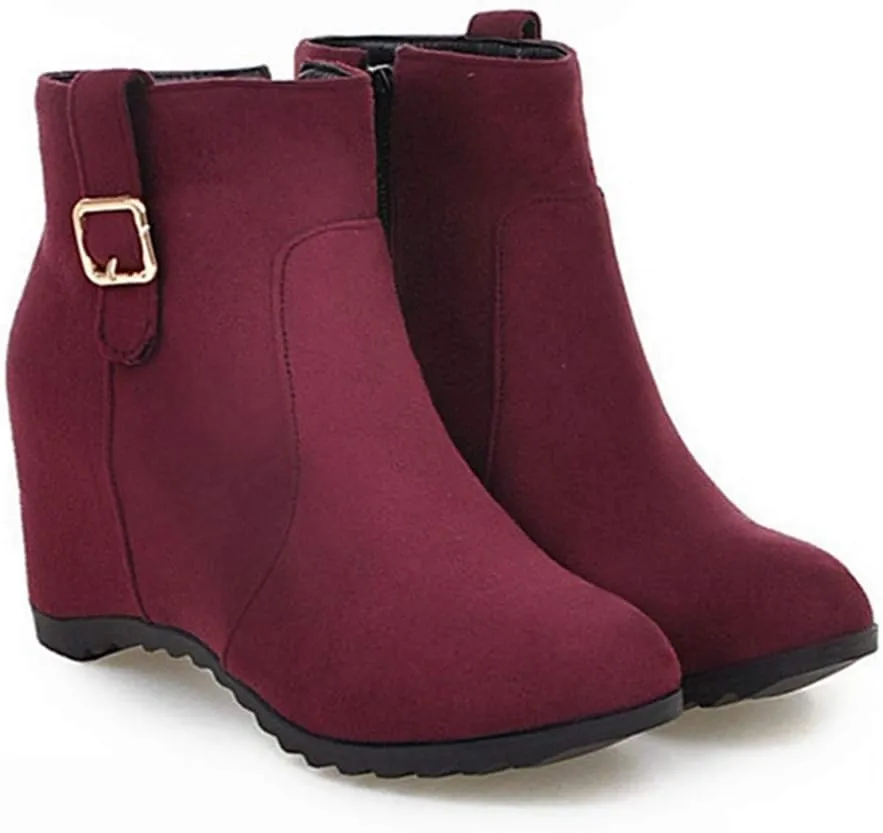 VOKLIN Women's Winter Wedge Dressy Ankle Boots Suede Round Toe Zipper Comfy Chunky Hidden Heel Short Booties