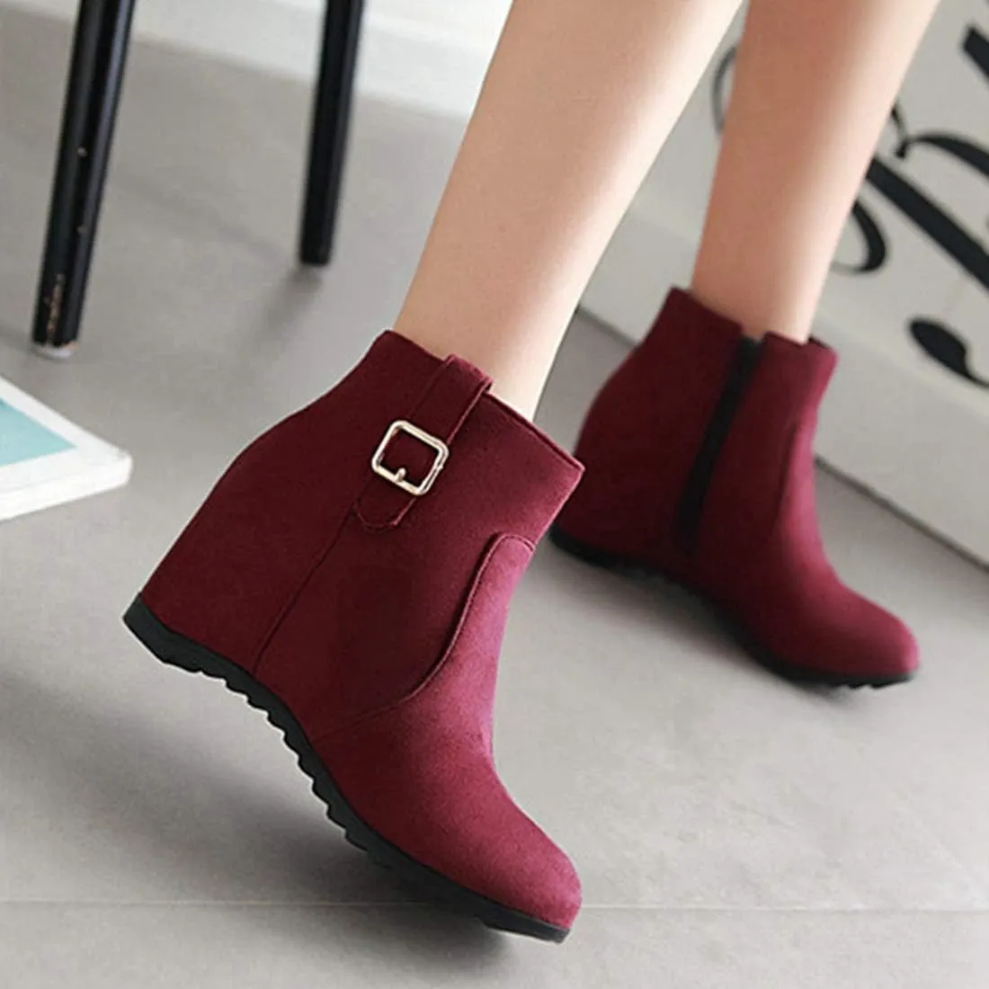 VOKLIN Women's Winter Wedge Dressy Ankle Boots Suede Round Toe Zipper Comfy Chunky Hidden Heel Short Booties