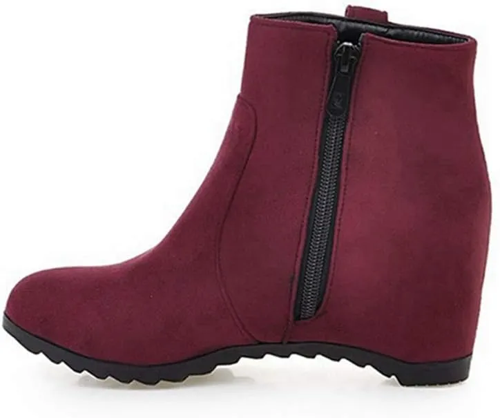 VOKLIN Women's Winter Wedge Dressy Ankle Boots Suede Round Toe Zipper Comfy Chunky Hidden Heel Short Booties