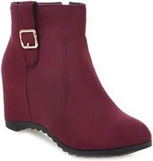 VOKLIN Women's Winter Wedge Dressy Ankle Boots Suede Round Toe Zipper Comfy Chunky Hidden Heel Short Booties